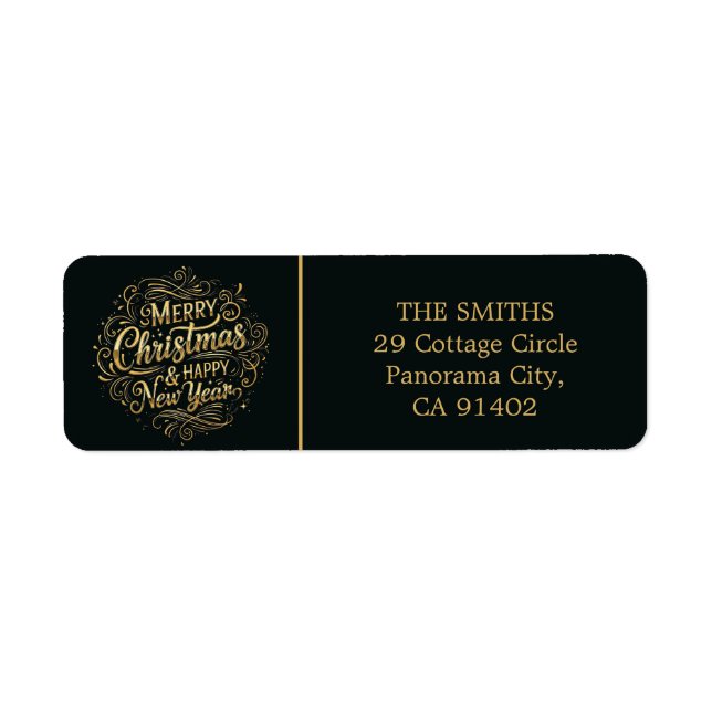 Black and Gold Merry Christmas Return Address  Label (Front)