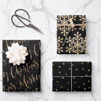 Black And Gold Merry Christmas Snowflakes Set Wrapping Paper Sheets