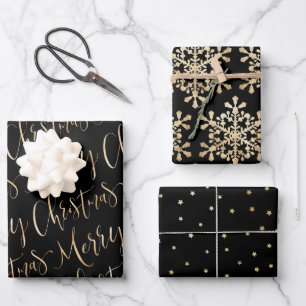 Black And Gold Merry Christmas Snowflakes Set Wrapping Paper Sheets