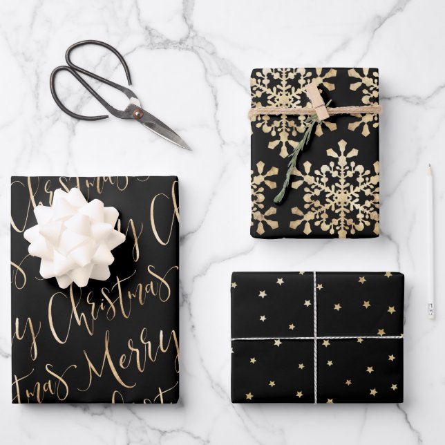 Black And Gold Merry Christmas Snowflakes Set Wrapping Paper Sheets (Front)