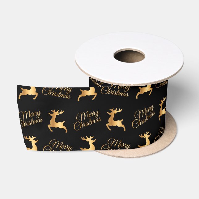 Black and Gold Merry Christmas Word Art Satin Ribbon (Spool)