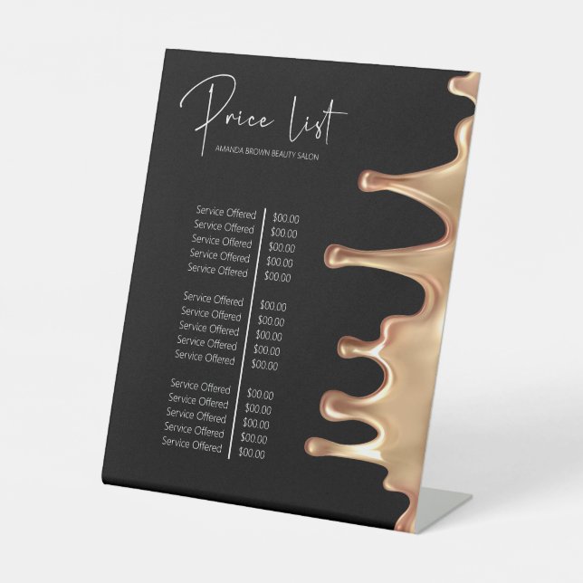 Black and Gold Metallic Beauty Salon Service Menu Pedestal Sign (Front)