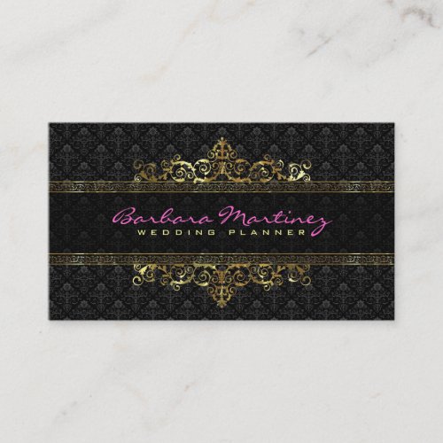 Black And Gold Metallic Floral Damasks &amp; Frame Business Cards