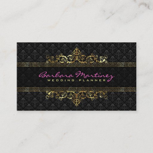 Customizable Black And Gold Metallic Floral Damasks &amp; Frame Business Cards