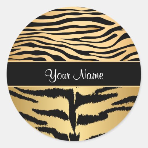 Black and Gold Metallic Tiger Stripes Pattern Classic Round Sticker