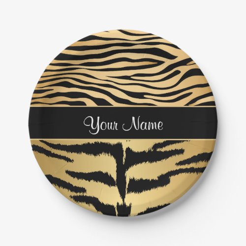 Black and Gold Metallic Tiger Stripes Pattern Paper Plates