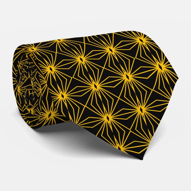 Black And Gold Mid Century Line Drawing Pattern Neck Tie (Rolled)