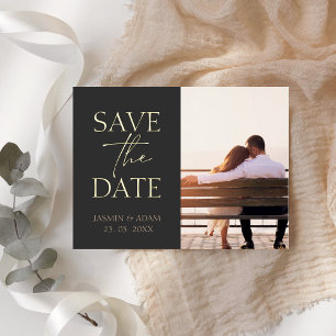 Black and Gold Minimal Photo Save the Date Foil Holiday Postcard