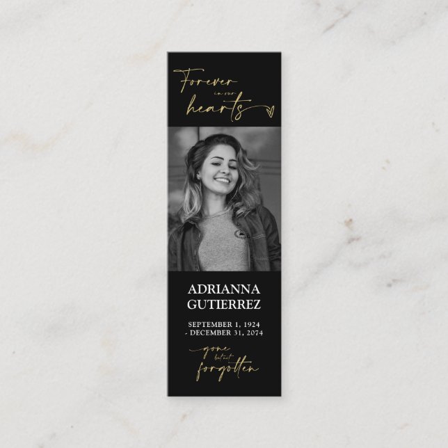 Black and Gold Minimal Script Photo Memorial Poem Mini Business Card (Front)