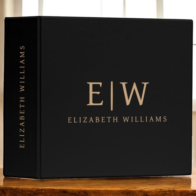 Black and Gold Minimalist Modern Monogram 3 Ring Binder (Creator Uploaded)