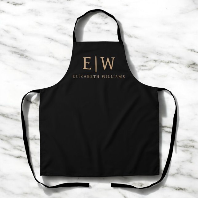 Black and Gold Minimalist Modern Monogram Apron (Creator Uploaded)