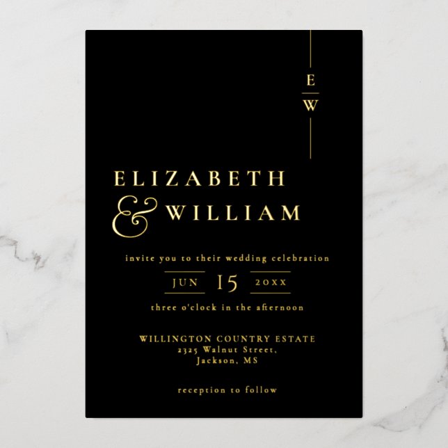 Black And Gold Minimalist Monogram Wedding Foil Invitation (Front)