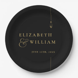 Black And Gold Minimalist Monogram Wedding Paper Plates