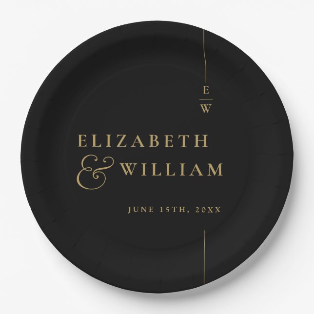Black And Gold Minimalist Monogram Wedding Paper Plates (Front)