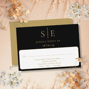 Black And Gold Minimalist Monogram Wedding RSVP Card