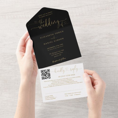Black And Gold Minimalist Script QR Code Wedding All In One Invitation
