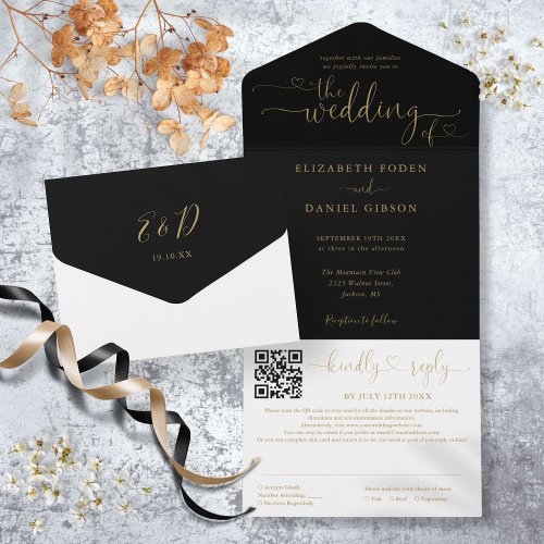 Black And Gold Minimalist Script QR Code Wedding All In One Invitation