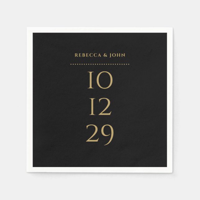Black And Gold Minimalist Special Date Wedding Napkins (Front)