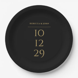Black And Gold Minimalist Special Date Wedding Paper Plates