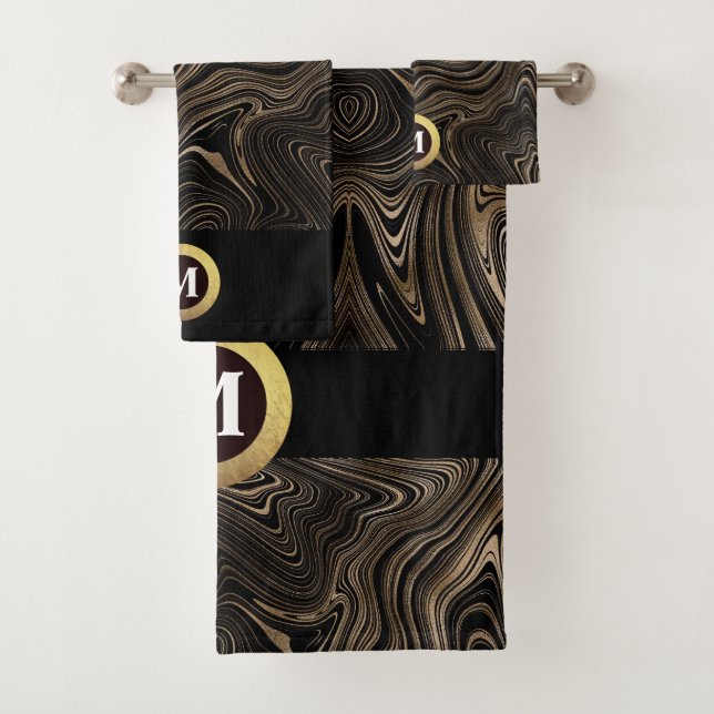 Black and Gold Modern Abstract Swirl Monogrammed Bath Towel Set (Insitu)