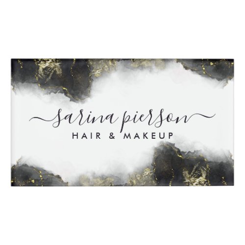 Black And Gold Modern Art Liquid Watercolor Ink Name Tag
