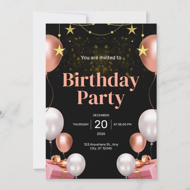 Black And Gold Modern Birthday Party Invitation (Front)