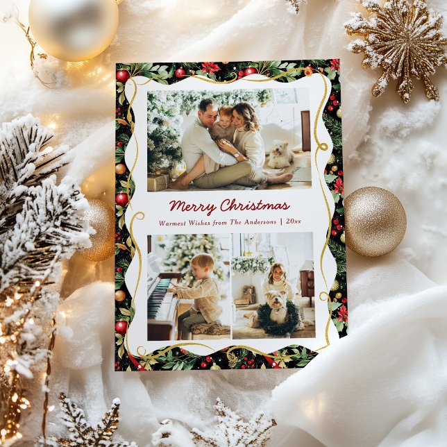 Black and Gold Modern Botanical Christmas 3 Photo Holiday Card (Creator Uploaded)