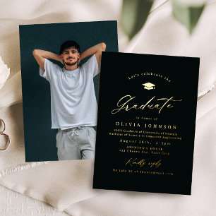 Black and Gold Modern Calligraphy Photo Graduation Foil Invitation