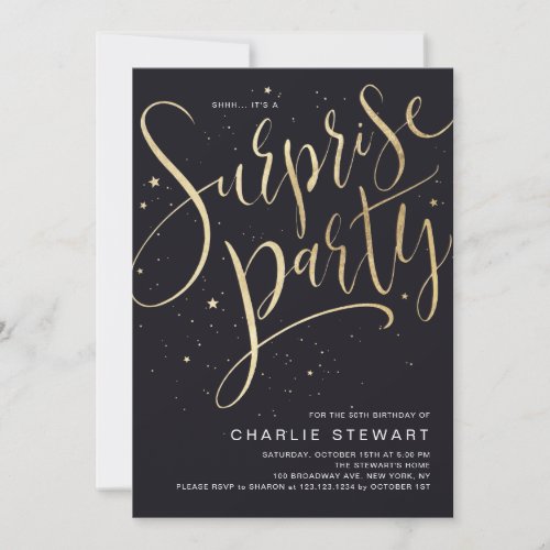 Black And Gold Modern Calligraphy Surprise Party Invitation