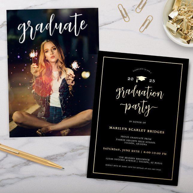 Black and Gold Modern Chic Graduation Invitation Foil Invitation (Elegant black and gold foil modern graduation party invitation with photo and graduate class of chic)