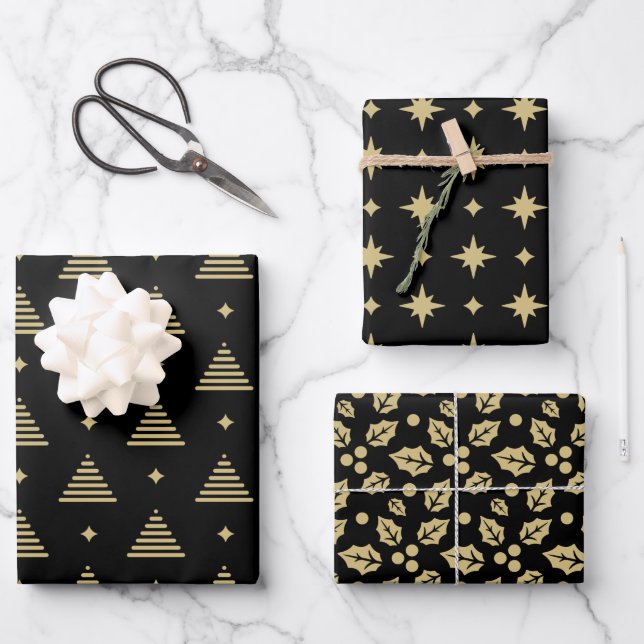 Black and Gold Modern Christmas Pattern Wrapping Paper Sheets (Front)