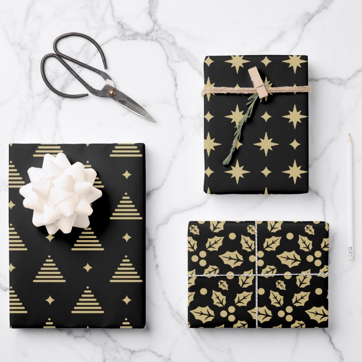 Black and Gold Modern Christmas Pattern Wrapping Paper Sheets Zazzle