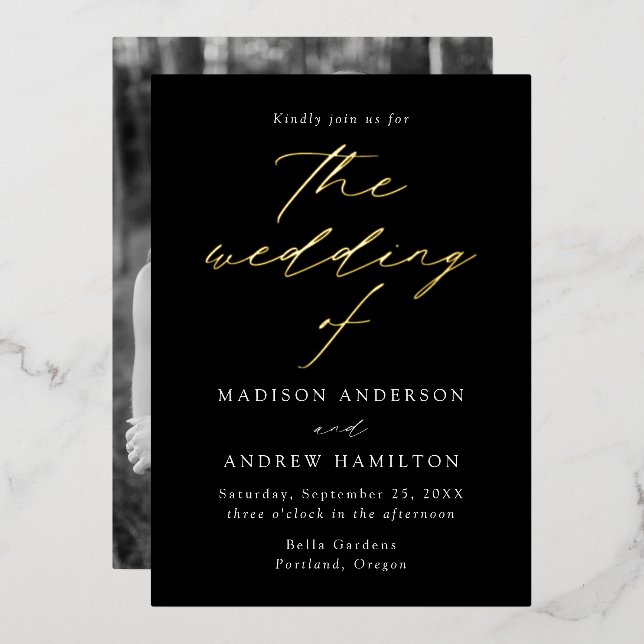 Black and Gold Modern Elegance Photo Wedding Foil Invitation (Front/Back)