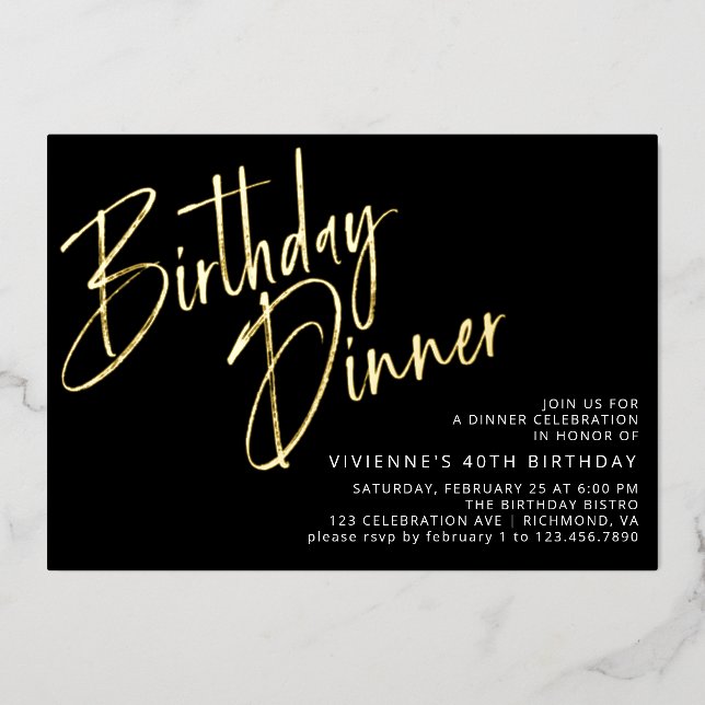 Black and Gold | Modern Elegant Birthday Dinner Foil Invitation (Front)