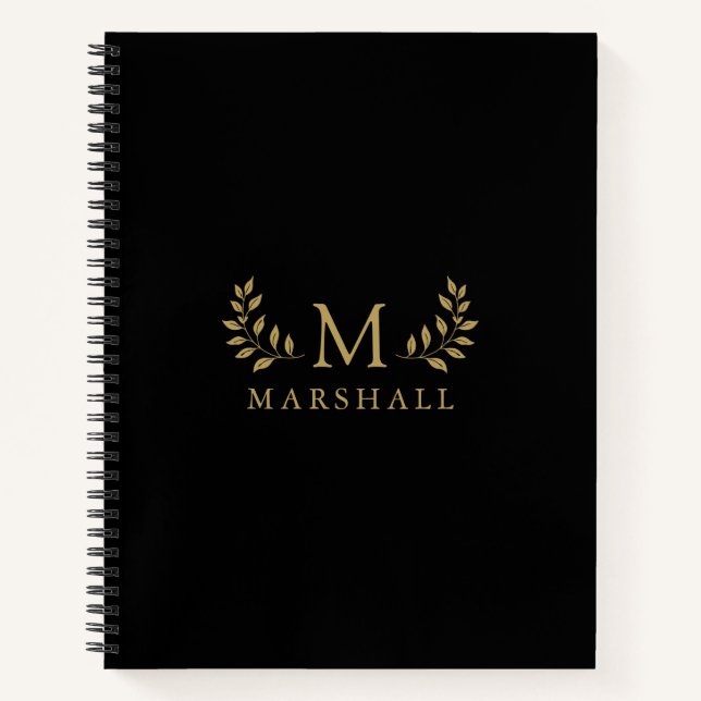 Black And Gold Modern Elegant Floral Monogram Name Notebook (Front)