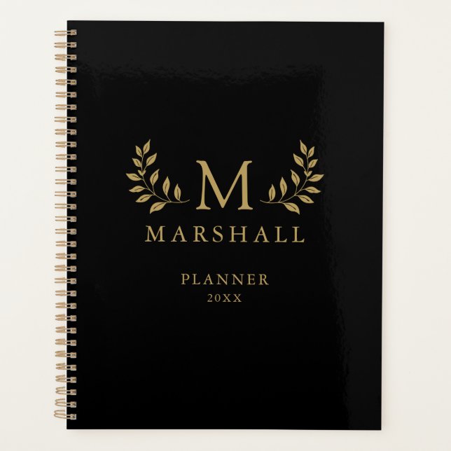 Black And Gold Modern Elegant Floral Monogram Name Planner (Front)