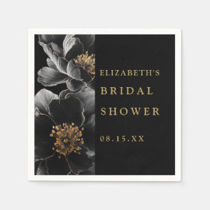 Black And Gold Modern Floral Bridal Shower Napkins