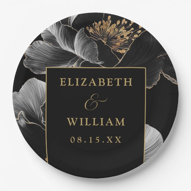 Black And Gold Modern Floral Elegant Chic Wedding Paper Plates (Front)