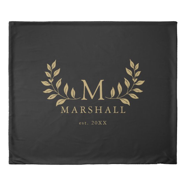 Black And Gold Modern Floral Monogram Family Name Duvet Cover (Front)