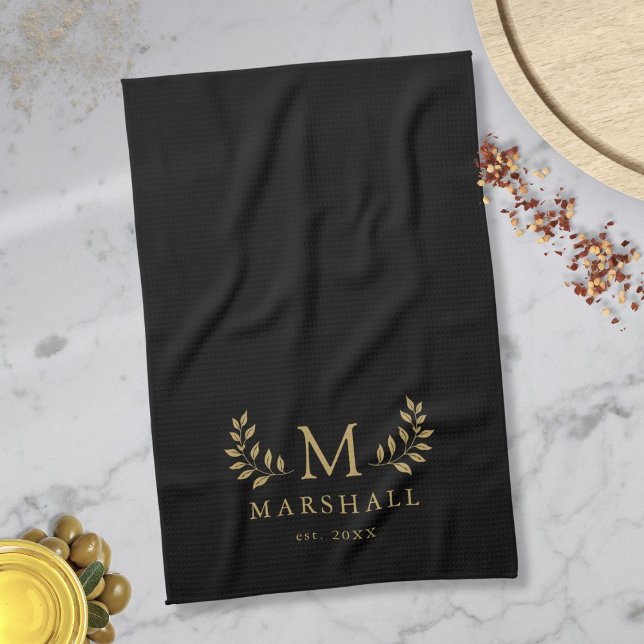 Black And Gold Modern Floral Monogram Family Name Kitchen Towel (Black And Gold Modern Floral Monogram Family Name Kitchen Towel)
