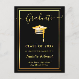 Black and Gold Modern Graduate Cap Graduation Announcement Postcard