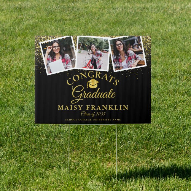 Black And Gold Modern Graduation 3 Photo Sign (Insitu)