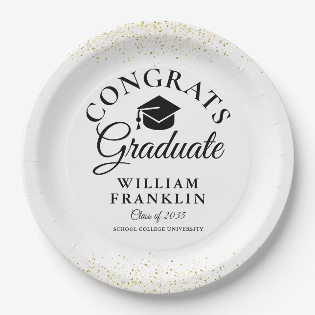 Black And Gold Modern Graduation Party Paper Plates (Front)