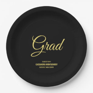 Black and Gold Modern Graduation Party Paper Plates