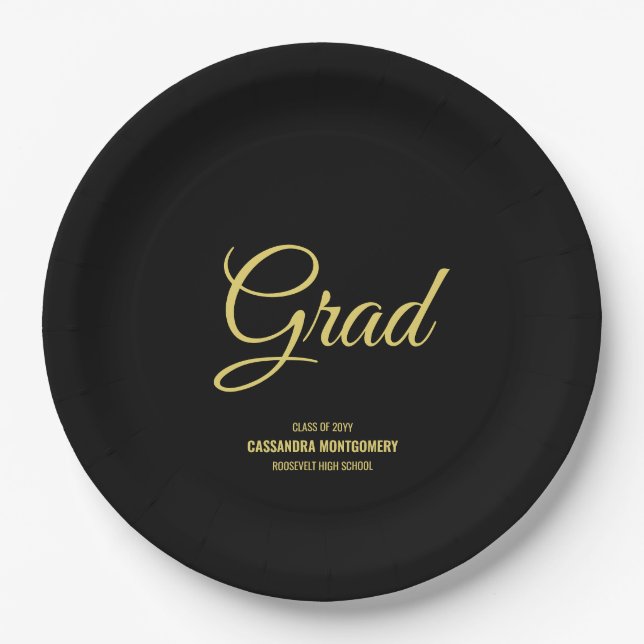 Black and Gold Modern Graduation Party Paper Plates (Front)