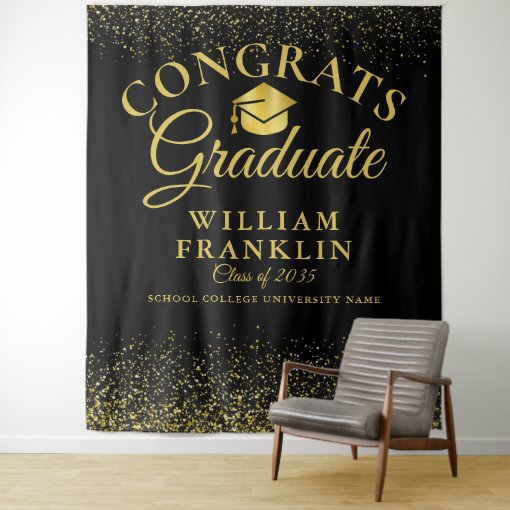 Black And Gold Modern Graduation Photo Backdrop | Zazzle