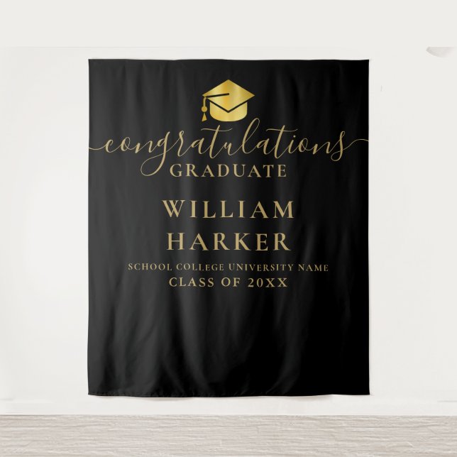 Black And Gold Modern Graduation Photo Backdrop (Front)