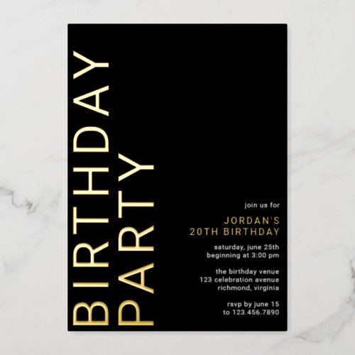 Black and Gold Modern Minimal Any Age Birthday Foil Invitation