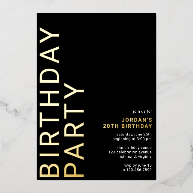 Black and Gold Modern Minimal Any Age Birthday Foil Invitation (Front)