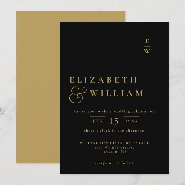 Black And Gold Modern Minimalist Monogram Wedding Invitation (Front/Back)